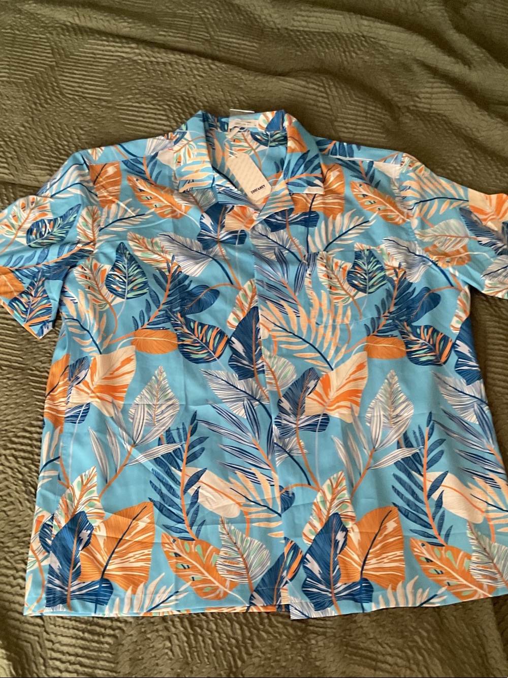 Coofandy Men's Tropical Leaf Short Sleeve Shirt - Blue & Orange. XL- NWT